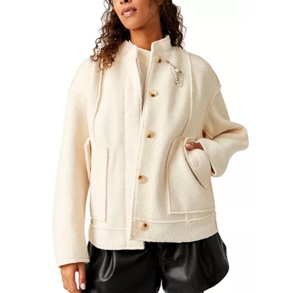New Free People Willow Bomber Button Up Super Soft Jacket With Brooch White Sz S